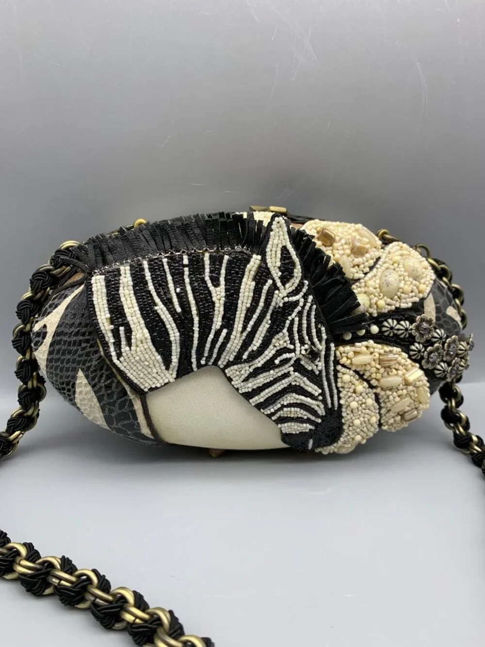 Vintage Mary Frances Zebra-Beaded Handbag Clutch with Removable Shoulder Chain